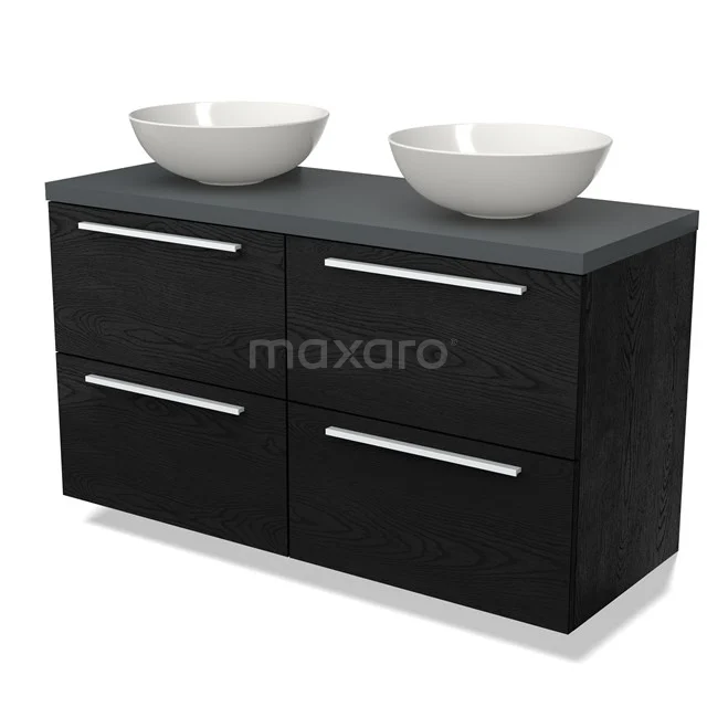 Zwarte houten badkamermeubelset met dubbele waskom en vier lades, modern design, ideaal voor dubbele wastafelopstelling.
