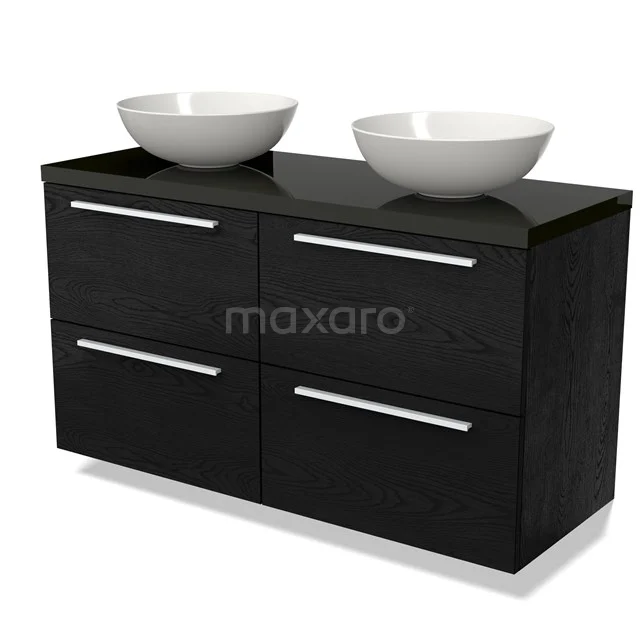 Zwart badkamermeubel met dubbele wastafel, strakke lades en moderne afwerking, ideaal voor een stijlvolle badkamer.