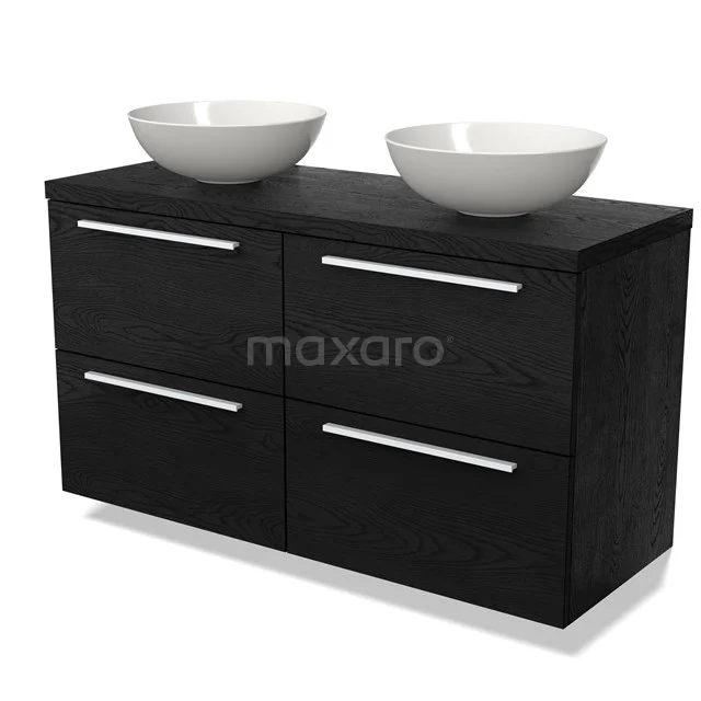 Zwarte badkamermeubelset met dubbele wastafels, strak design, vier lades en moderne metalen handgrepen.