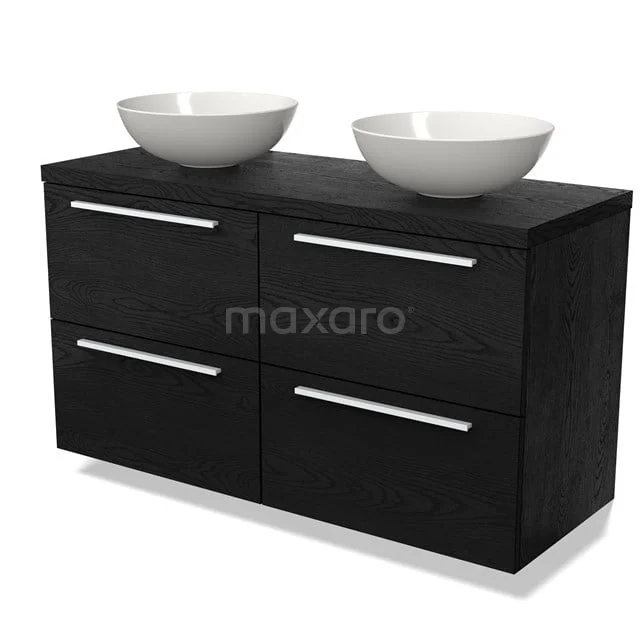 Waschtischunterschrank mit Konsole BMK18-01554 Schwarze Badmöbelset mit Doppelwaschbecken, schnittiges Design, vier Schubladen und modernen Metallhaltegriffen.