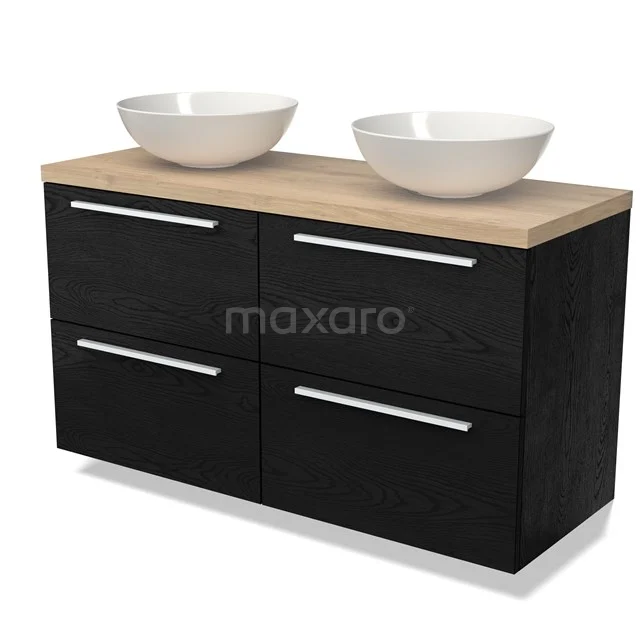 Zwarte badkamermeubelset met houten blad en dubbele witte waskommen, modern design voor stijlvolle badkamer inrichting.
