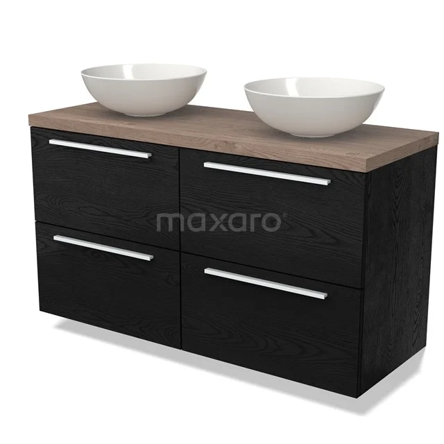 Zwart badkamermeubel met dubbele waskommen, houten blad en brede lades, perfect voor een moderne badkamerstijl.
