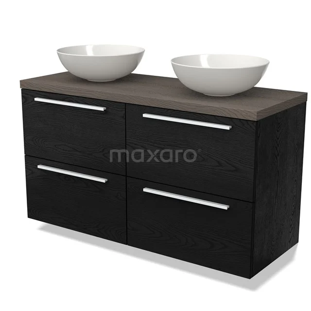 Schwarze Badmöbelset mit Holzlook Platte und doppelten weißen Aufsatzwaschbecken, modernes Design mit vier Schubladen.