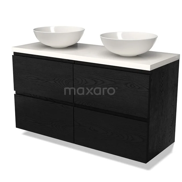 Zwarte badkamermeubelset met ladekast, dubbele waskommen en witte bovenplaat, modern design voor stijlvolle badkamers.