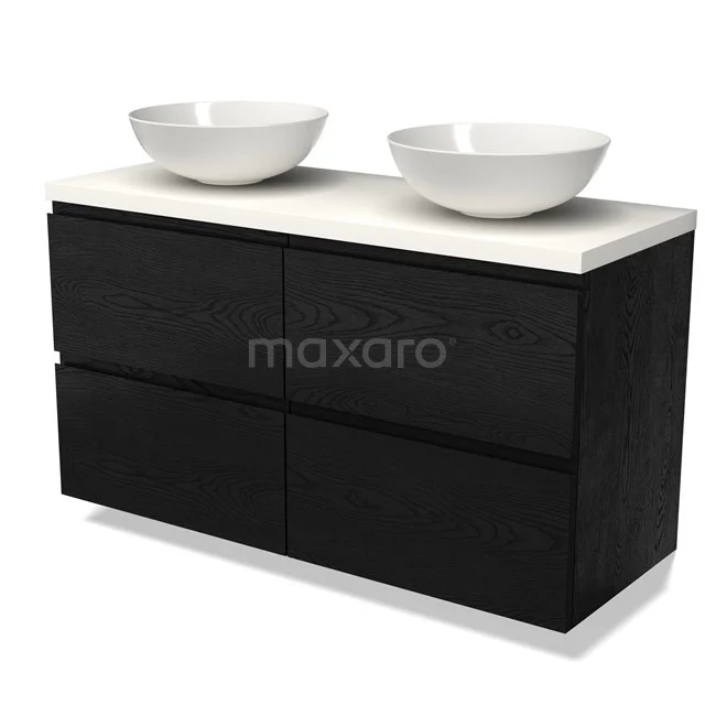Black wooden Bathroom unit with double white basin bowls, sleek modern look, ideal for stylish bathrooms.
