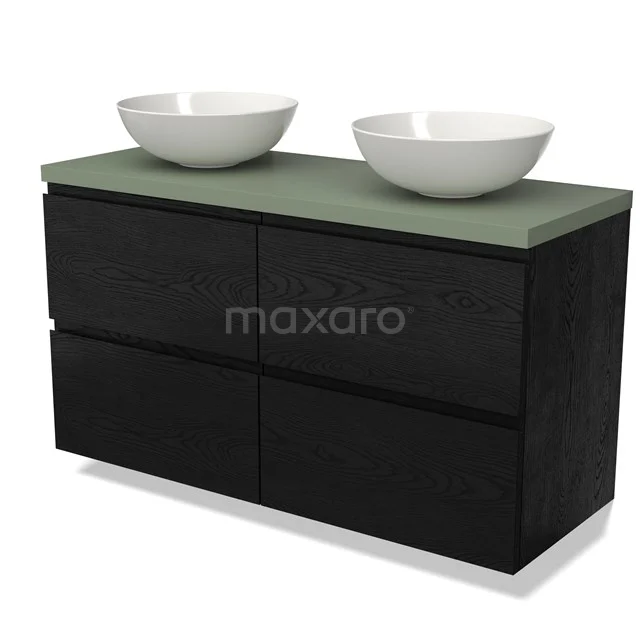 Zwart badkamermeubel met groene wastafelblad en twee ronde witte waskommen, modern design voor een stijlvolle badkamer.