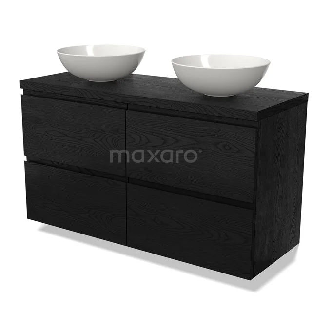 Schwarzer Badschrank mit doppelten weißen Aufsatzwaschbecken, modernem Design, vier Schubladen und mattem Holzfinish.