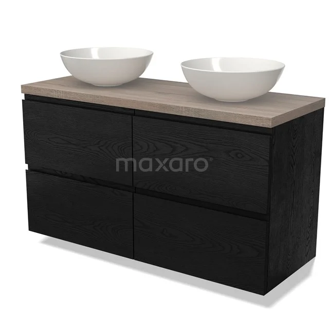 Black bathroom furniture set with wooden worktop, double white countertop wash basins and soft-close drawers, ideal for modern bathrooms.