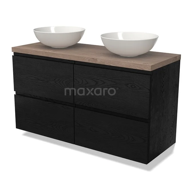 Zwarte houten badkamermeubel met dubbele witte komvormige wastafels en een eikenhouten blad, modern en stijlvol design.