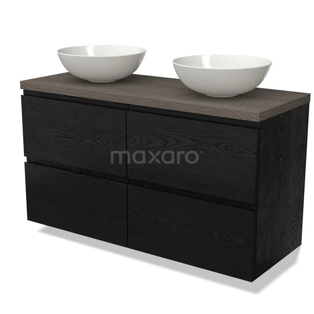 Waschtischunterschrank mit Konsole BMK18-01576 Schwarzes Holz Badezimmermöbel mit Doppelwaschbecken, moderne Designserie mit einer dunklen Holzfurnier-Oberfläche.