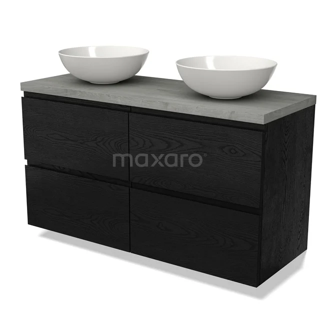 Dubbele wastafelmeubel in zwart hout met betonnen blad en twee witte wastafels; stijlvol en modern badkamerdesign.