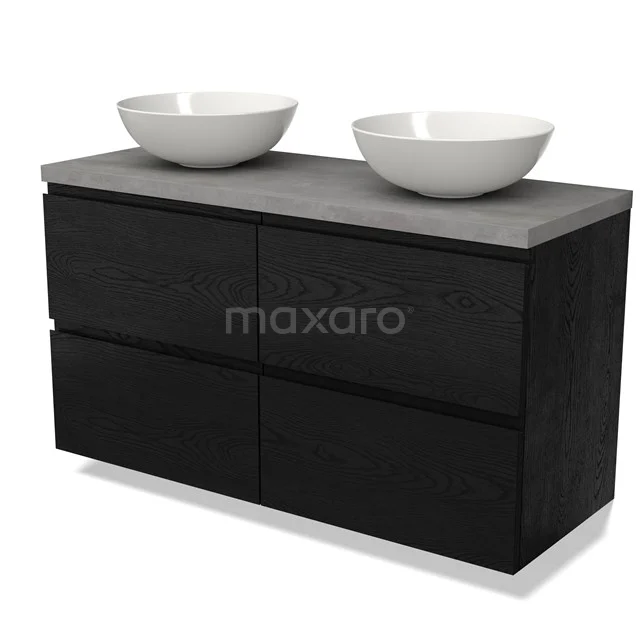 Waschtischunterschrank mit Konsole BMK18-01578 Schwarze Badmöbelset mit doppelten runden weißen Waschbecken und einer grauen Platte, modernes Design und geräumige Stauraumfächer.