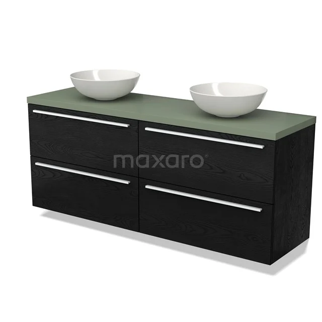 Schwarzes Badmöbel mit 4 Schubladen, grüner Platte und 2 weißen Aufsatzwaschbecken, modernes Design, perfekt für ein stilvolles Badezimmer.