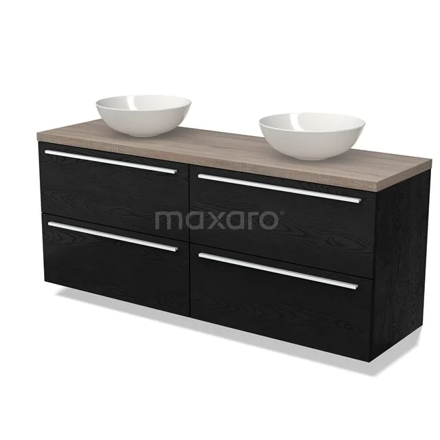 Schwarzes Doppelwaschbeckenmöbel mit Holzlook Platte, vier Schubladen und weißen keramischen Aufsatzwaschbecken; stilvolle Badezimmerlösung.