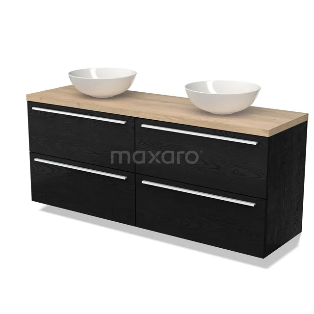 Zwarte badkamermeubelset met houten blad, dubbel wastafelontwerp en vier lades, ideaal voor moderne badkamers.