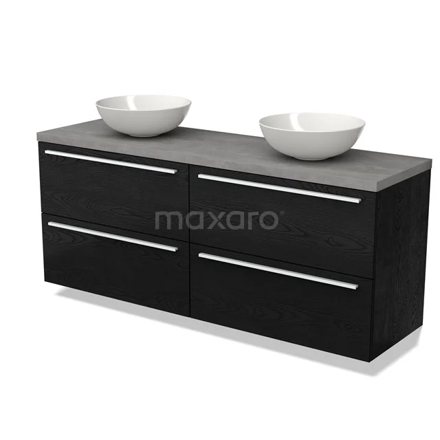 Black bathroom furniture set with double countertop wash basins, sleek design and four wide drawers, ideal for modern bathrooms.