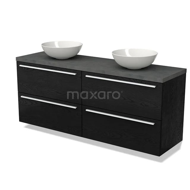 Black bathroom furniture set with matte black wood countertops and two white ceramic basin worktops, modern design.
