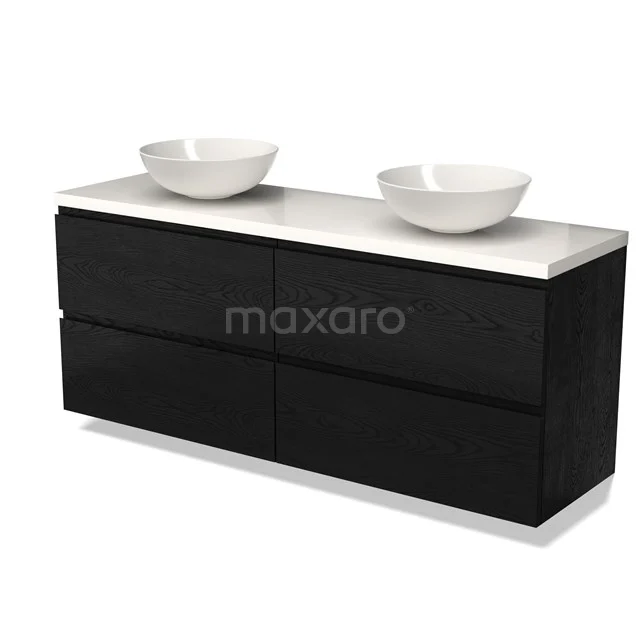 Zwarte badkamermeubelset met dubbele wastafel, minimalistisch design en witte bovenblad, ideaal voor moderne badkamers.