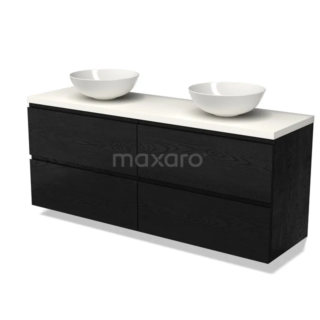 Zwart badkamermeubel met dubbele wastafel, strak design, witte keramische waskommen, ideaal voor een moderne badkamer.