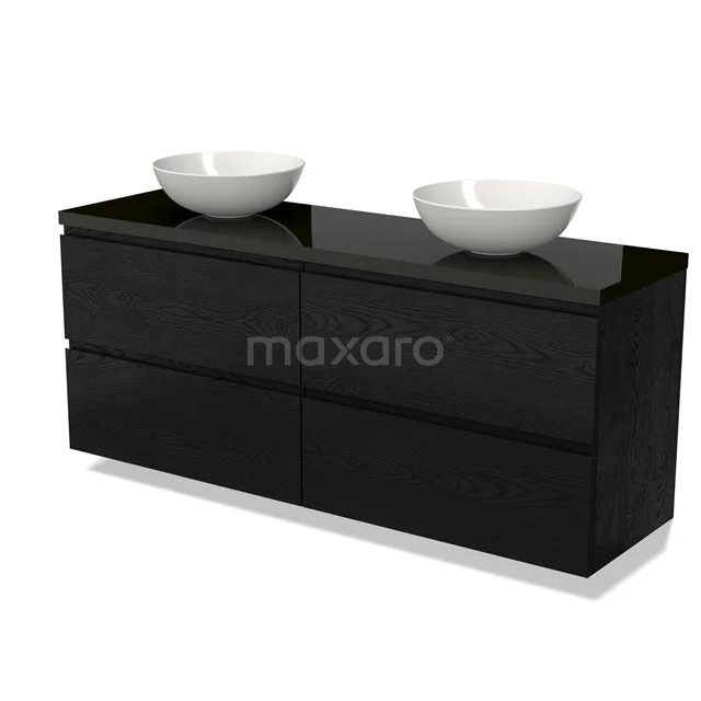 Zwarte badkamermeubelset met hoogglans afwerking, dubbel wastafelblad en twee witte waskommen, modern en minimalistisch design.