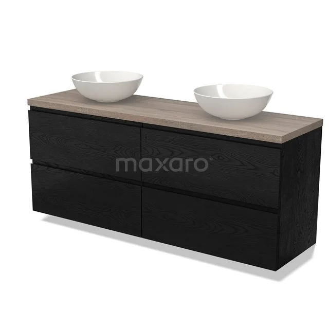 Zwarte badkamermeubel met houtlook blad en dubbele witte waskommen, modern design van duurzaam materiaal.