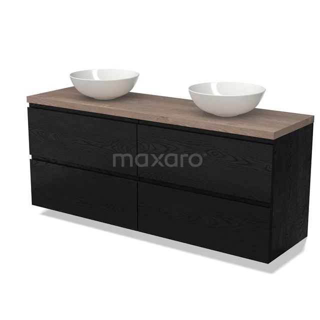 Modulo Plato Badkamermeubel voor waskom | 160 cm Zwart eiken Greeploos front Middenbruin eiken blad 4 lades BMK18-01604