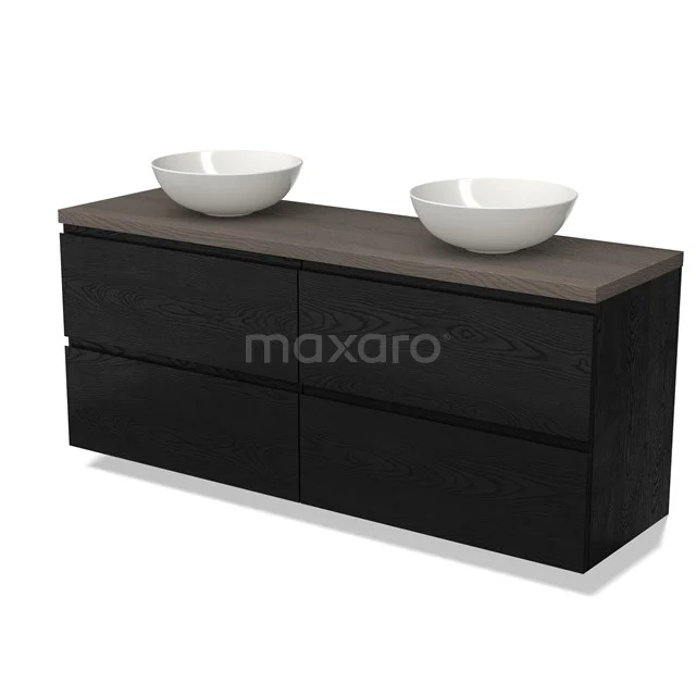 Modulo Plato Badkamermeubel voor waskom | 160 cm Zwart eiken Greeploos front Donkerbruin eiken blad 4 lades BMK18-01605