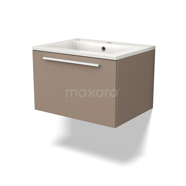 Moderne beige Waschtisch mit weißem keramischen Waschbecken, minimalistisches Design und Schublade, ideal für Badezimmerlagerung.