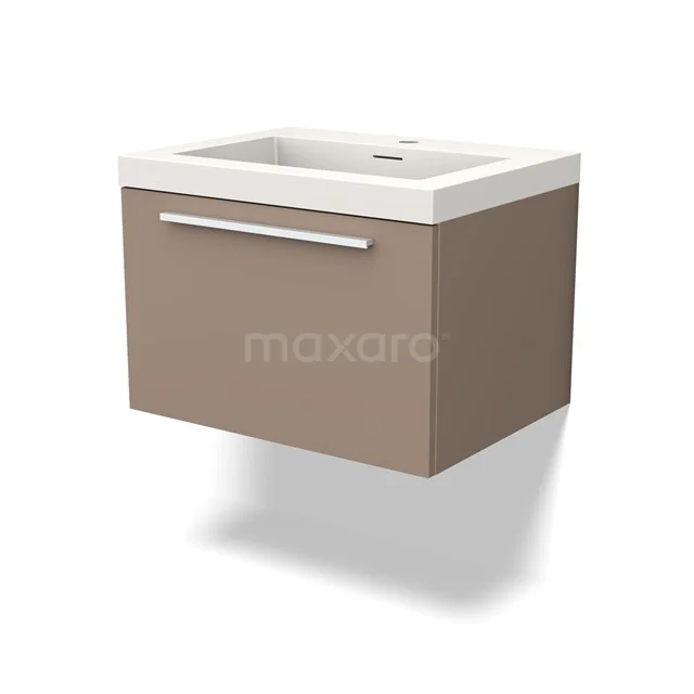 Matte taupe bathroom sink base cabinet with drawers, minimalist design and white ceramic sink, suitable for modern bathrooms.