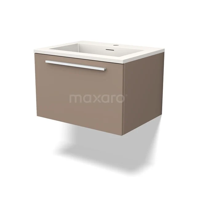 Brown floating basin base cabinet with white basin, modern bathroom cabinet, minimalist design, metal handle.