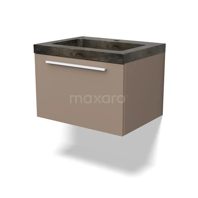 Hanging bathroom unit taupe with black basin, modern design, fitted with drawer and sleek silver handle.