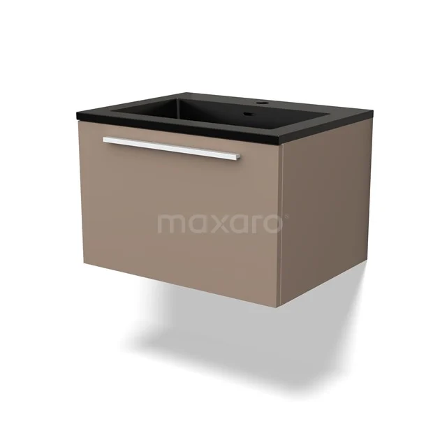 Wandhängendes taupe Badezimmermöbel mit schwarzem Waschbecken, Softclose-Schubladen und klarem Design der modernen Linea-Serie.