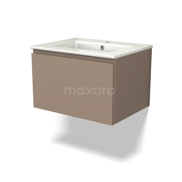 Wandhängendes Badezimmermöbel in Taupe mit einem weißen Waschbecken, modernes Design, perfekt für moderne Bäder.