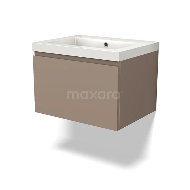 Brown hanging bathroom cabinet with white ceramic basin, modern minimalist style, ideal for compact bathrooms.
