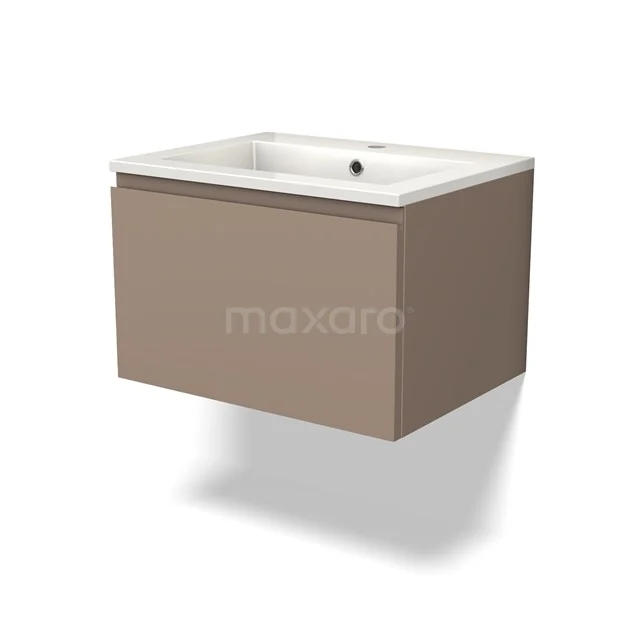 Beige hängendes Badmöbel mit weißem Waschbecken, moderner Stil, ideal für eine stilvolle und kompakte Badezimmeranordnung.