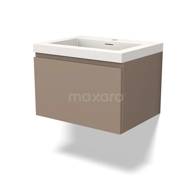 Braunes hängendes Badezimmermöbel mit weißem Waschbecken, modernes Design, ideal für kompakte Bäder.