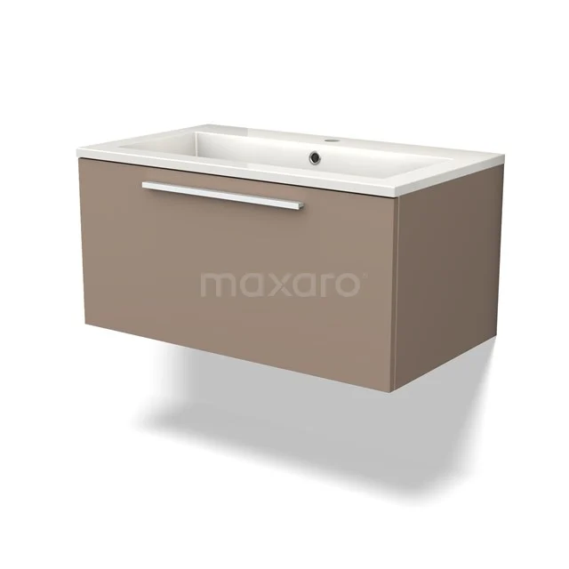 Brown Bathroom Vanity unit with white ceramic sink, minimalist design and aluminium Handle, hanging model.