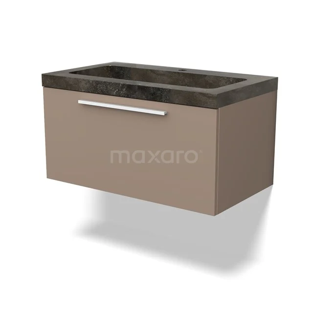 Hanging vanity unit taupe with black marble worktop, modern design with drawers and chrome handle, perfect for the bathroom.