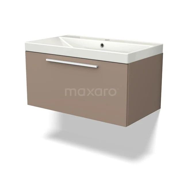 Taupe Badmöbel mit weißem keramischen Waschbecken, schlichtes Design und integrierter Schublade, ideal für modernes Badezimmer.