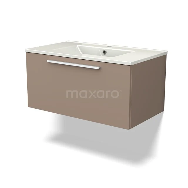 Wandhängendes Waschtisch in Taupe mit einer klaren Verarbeitung, metallischem Haltegriff und weißem keramischen Waschbecken.