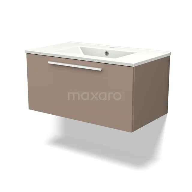 Brown floating bathroom unit with white vanity units with basin, modern design and metal handle, ideal for stylish bathrooms.