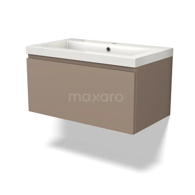 Taupe vanity unit with white ceramic basin, sleek design and modern look, ideal for compact bathrooms.