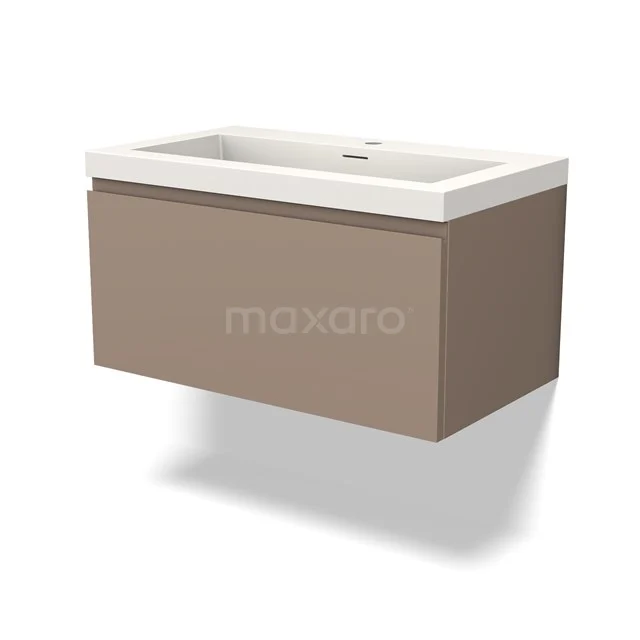 Brown suspended vanity unit with white ceramic basin, modern design; ideal for stylish bathroom design.