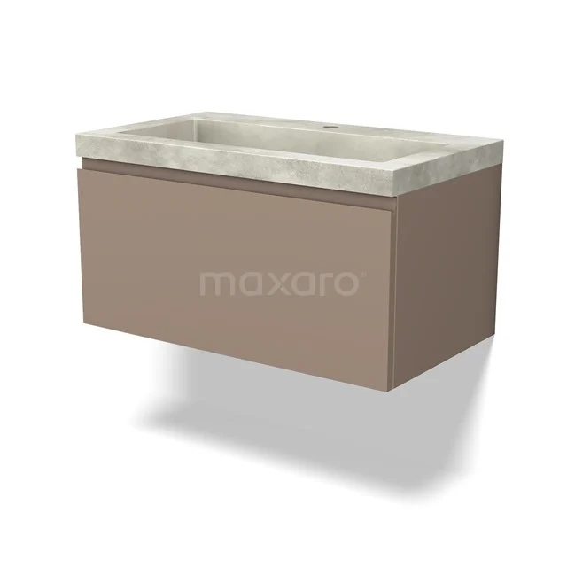Hanging bathroom unit with concrete vanity units with basin and matt taupe base unit, modern design for stylish bathroom fittings.