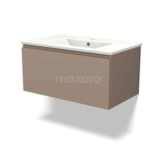 Modern beige vanity unit with white ceramic sink, sleek design and floating assembly, perfect for a stylish bathroom.