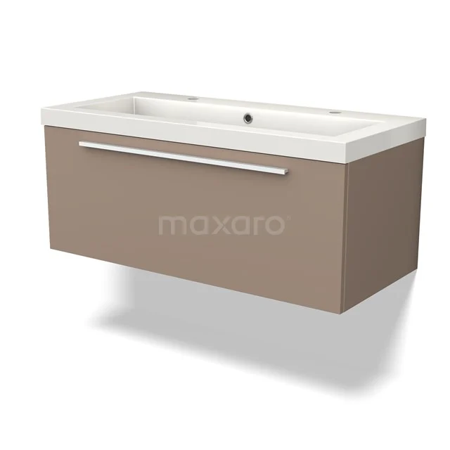 Taupe bathroom unit with white ceramic vanity units with basin, modern floating design and sleek metal handle.