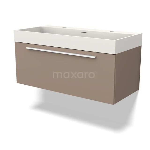 Oak Bathroom unit with beige drawers, integrated white vanity units with basin and chrome handle, suitable for modern bathrooms.