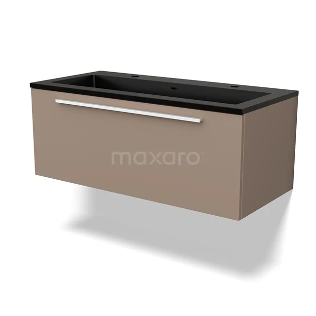 Wandhängender Badschrank Taupe mit schwarzem Waschbecken, strakes Design, metallischer Haltegriff, ideal für moderne Bäder.