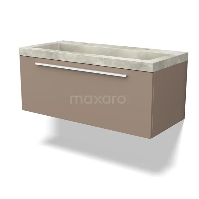 Brauner schwebender Badschrank mit Beton Waschbeckenplatte, moderne Ausstrahlung, metallischer Haltegriff.