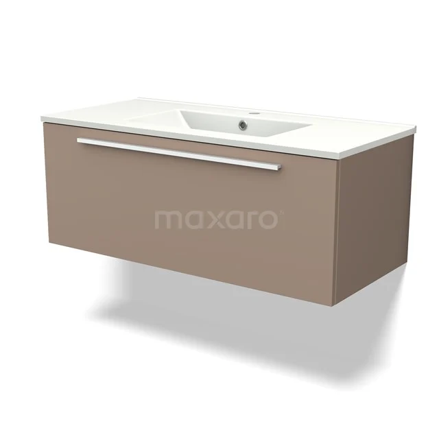Taupe vanity units with basin, modern design, single drawer and sleek metal handle for stylish bathroom storage.